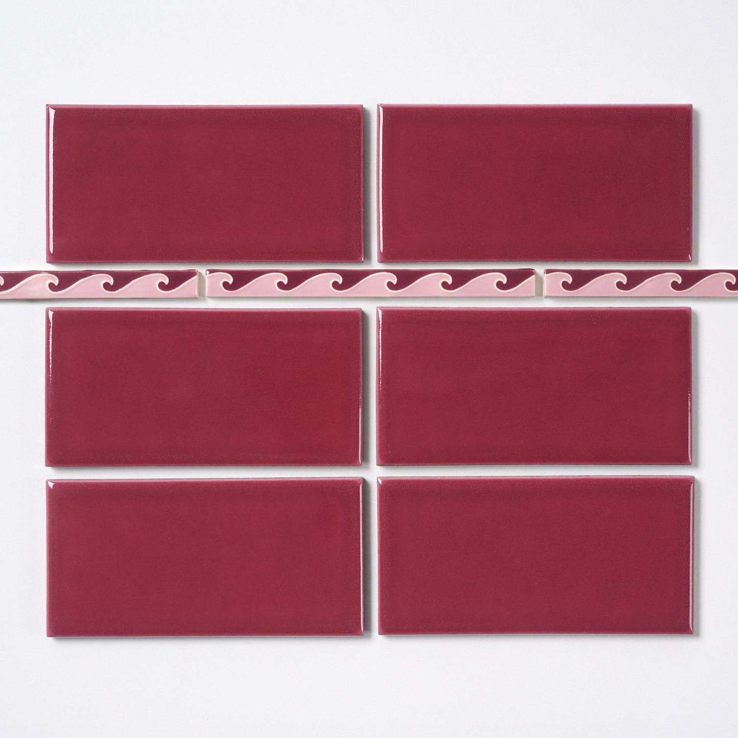 1920s American Encaustic Pink & Burgundy Wave Trim Tile, 44 Pc Set - 22 Linear Feet Total
