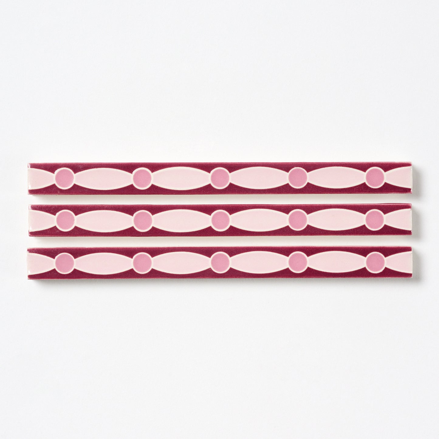 1920s American Encaustic Pink & Burgundy Deco Trim Tile, 30 Pc Set - 15 Linear Feet Total