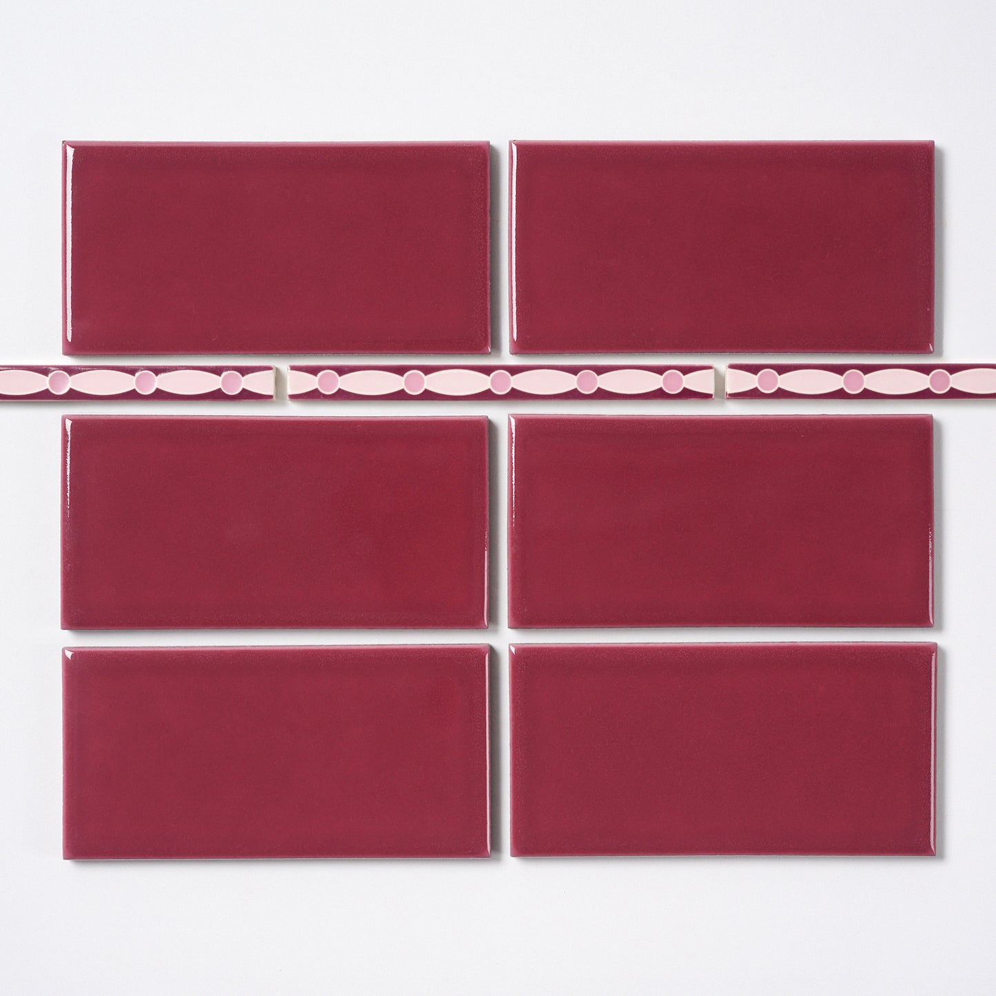 1920s American Encaustic Pink & Burgundy Deco Trim Tile, 30 Pc Set - 15 Linear Feet Total