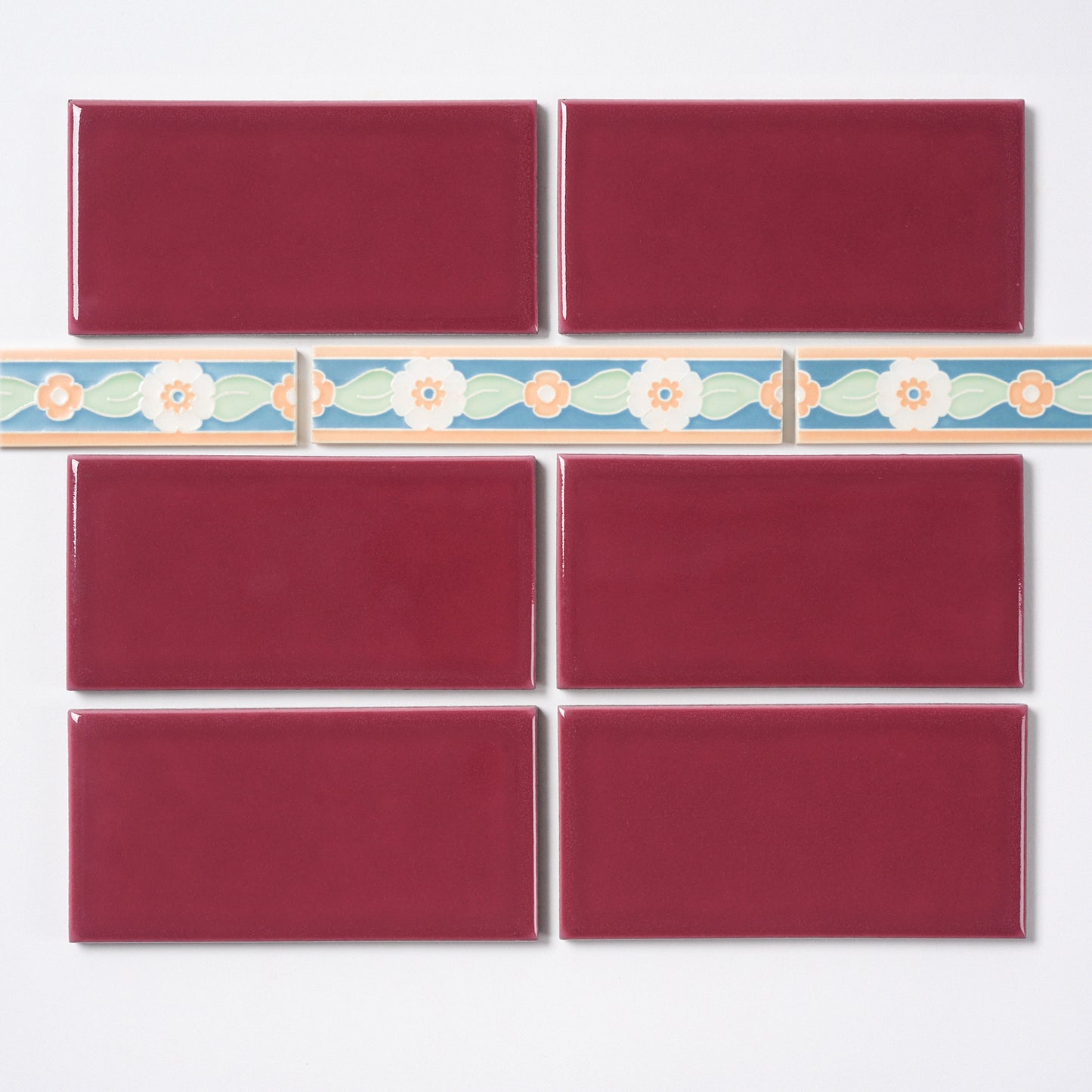 1920s American Encaustic Wide Blue Trim Tile, 15 Pc Set - 7.5 Linear Feet Total