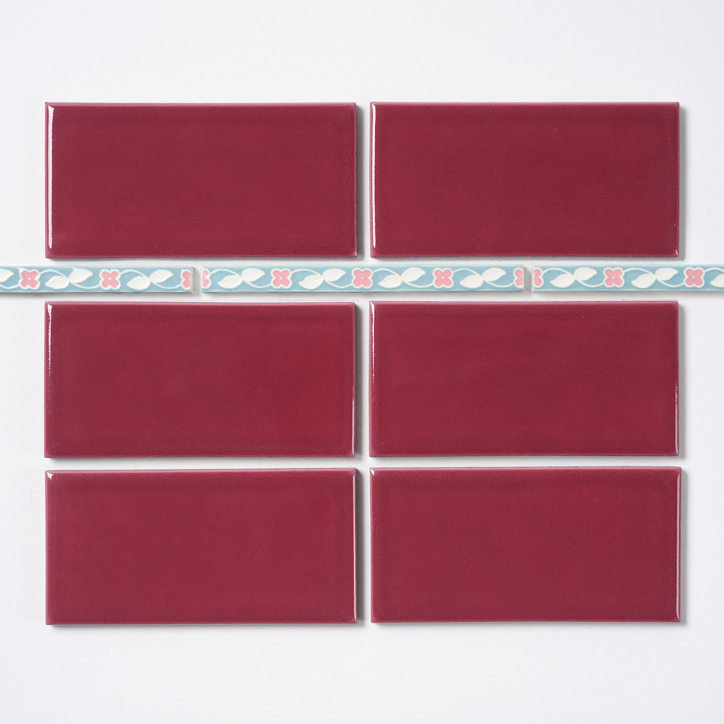 1920s American Encaustic Pink & Blue Vine Trim Tile, 41 Pc Set - 20.5 Linear Feet Total