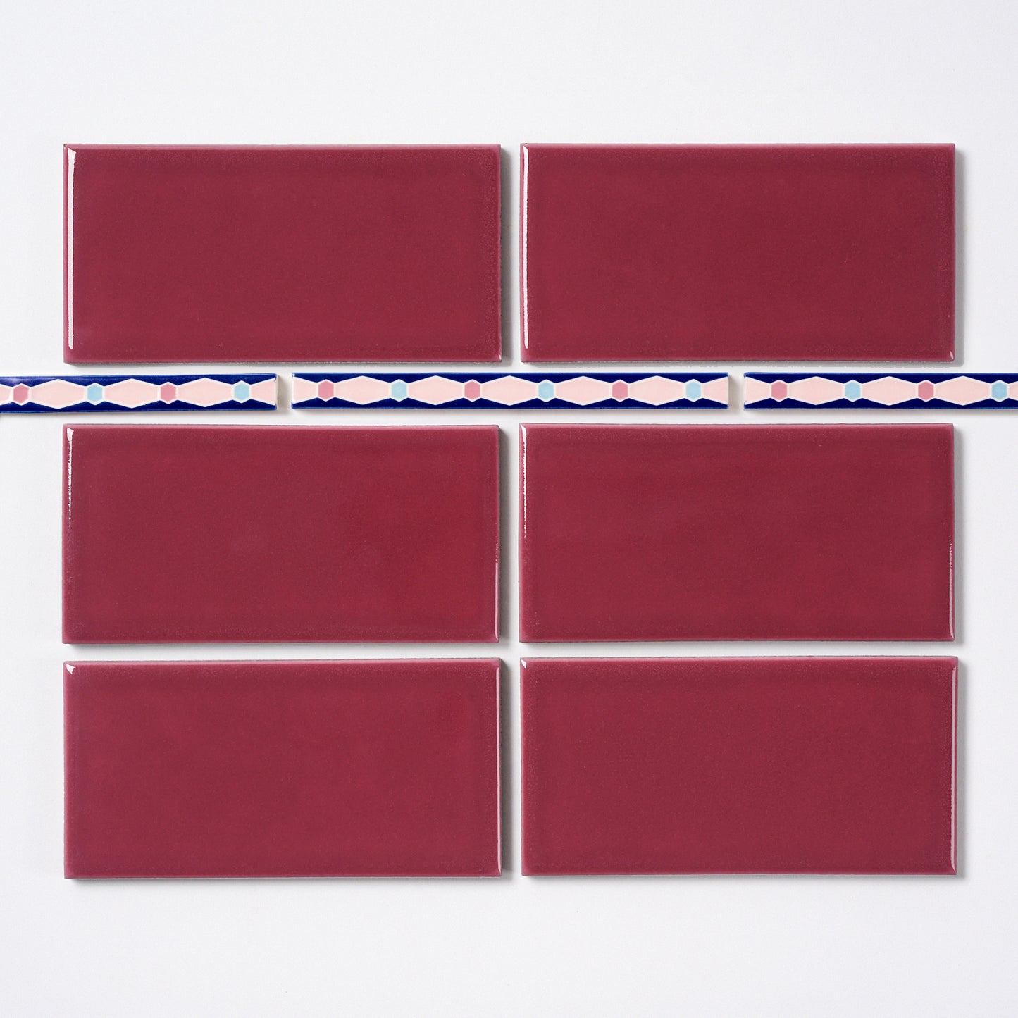1920s American Encaustic Pink & Navy Deco Trim Tile, 40 Pc Set - 20 Linear Feet Total, 80 LF Available
