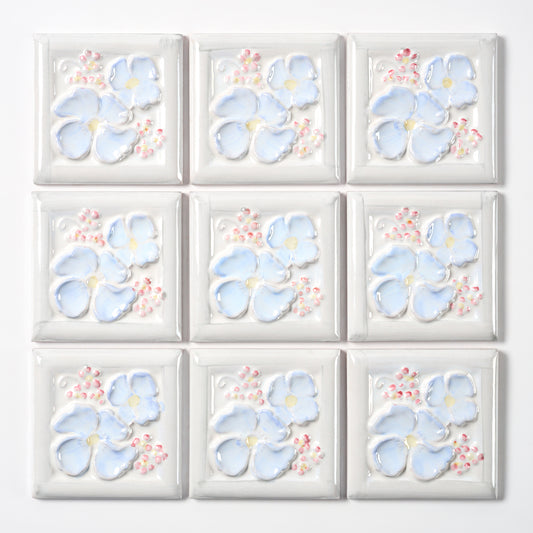 1980s Vintage Italian Blue Raised Pansy Tile, 10.5 Sq Ft Available