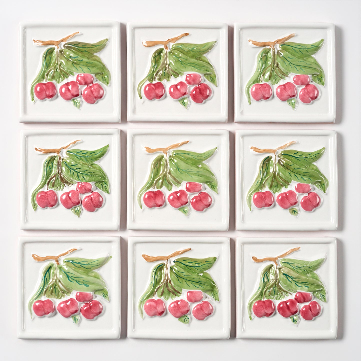 1980s Vintage Italian Raised Cherry on White Tile, 14.5 Sq Ft Available