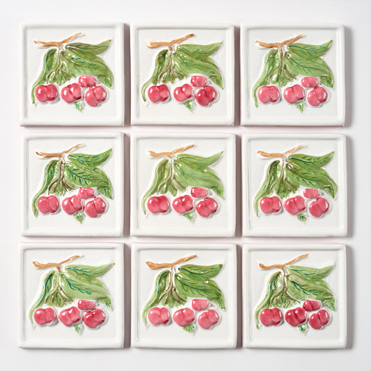 1980s Vintage Italian Raised Cherry on White Tile, 14.5 Sq Ft Available
