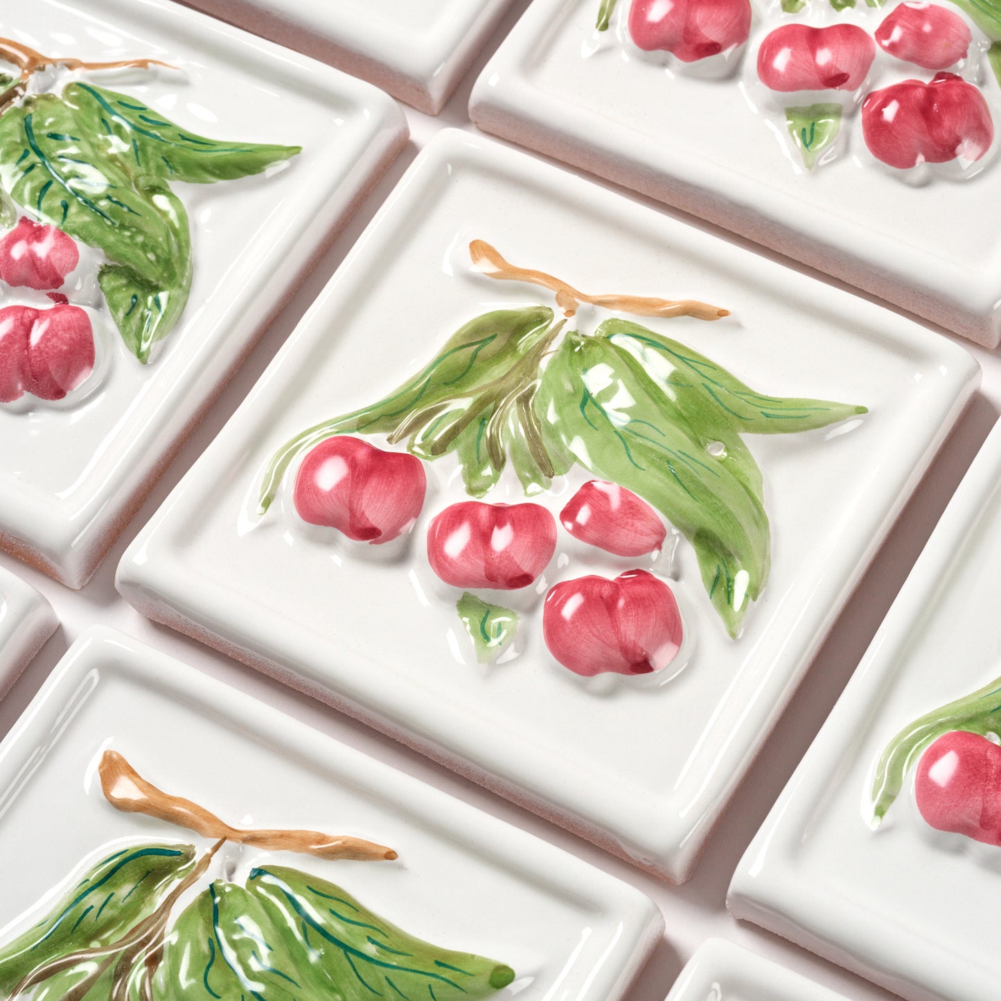 1980s Vintage Italian Raised Cherry on White Tile, 14.5 Sq Ft Available