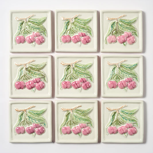 1980s Vintage Italian Raised Cherry on Ivory Tile, 15.5 Sq Ft Available