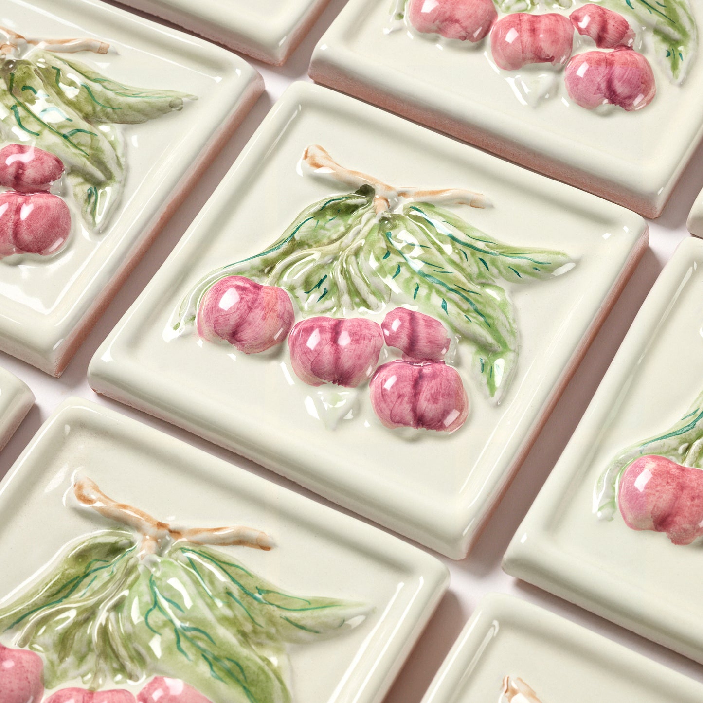 1980s Vintage Italian Raised Cherry on Ivory Tile, 15.5 Sq Ft Available