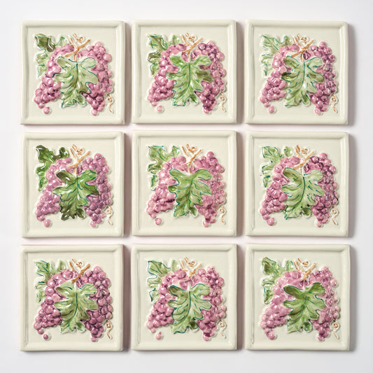 1980s Vintage Italian Raised Grapes on Ivory Tile, 11.5 Sq Ft Available