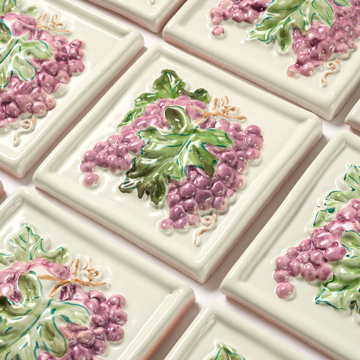 1980s Vintage Italian Raised Grapes on Ivory Tile, 11.5 Sq Ft Available