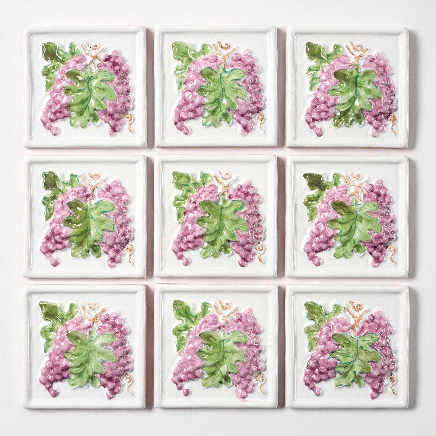 1980s Vintage Italian Raised Grapes on White Tile, 10.5 Sq Ft Available