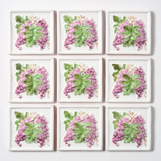 1980s Vintage Italian Raised Grapes on White Tile, 10.5 Sq Ft Available