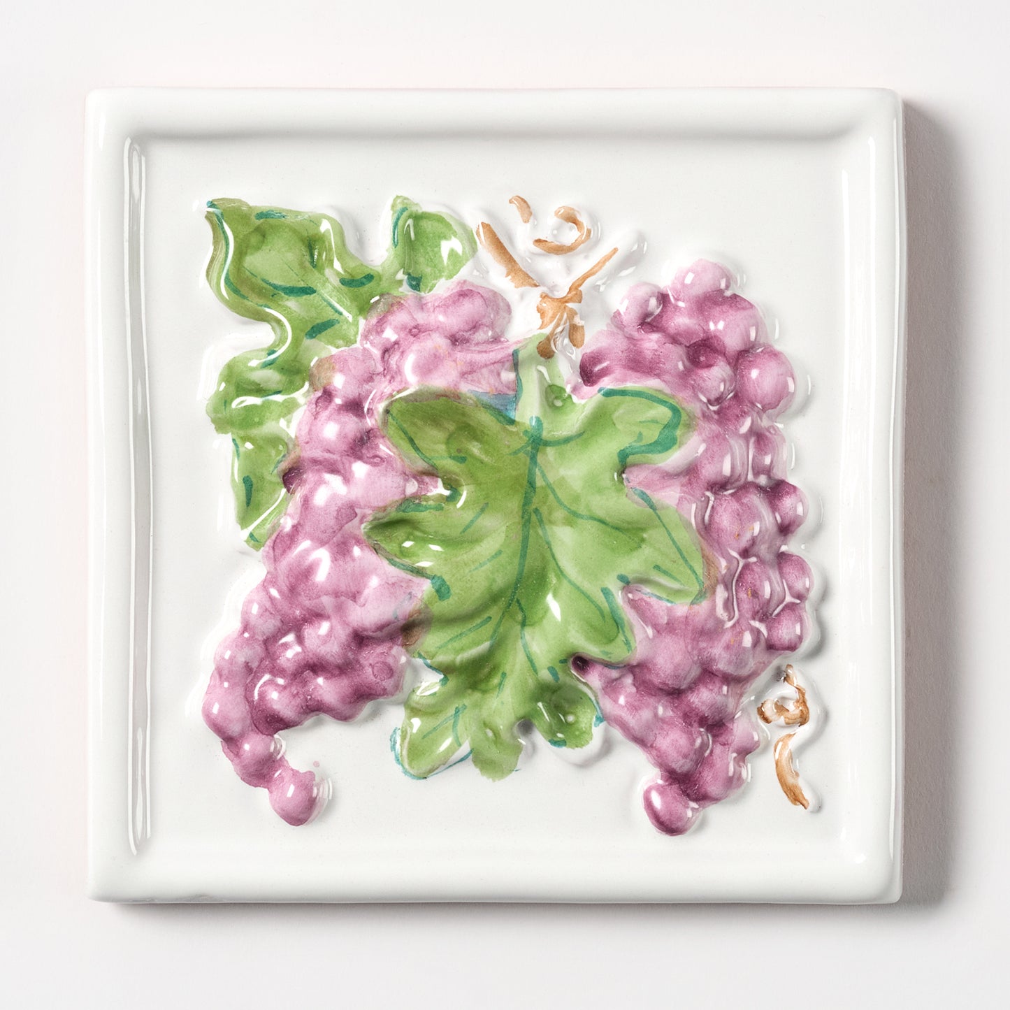 1980s Vintage Italian Raised Grapes on White Tile, 10.5 Sq Ft Available