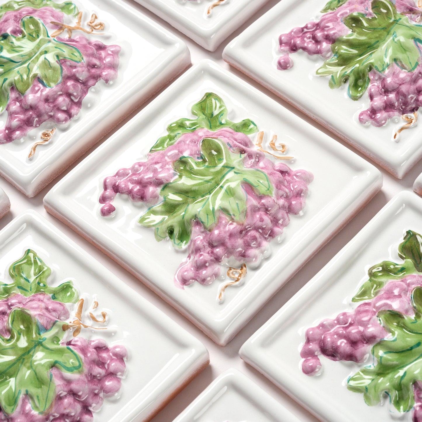 1980s Vintage Italian Raised Grapes on White Tile, 10.5 Sq Ft Available