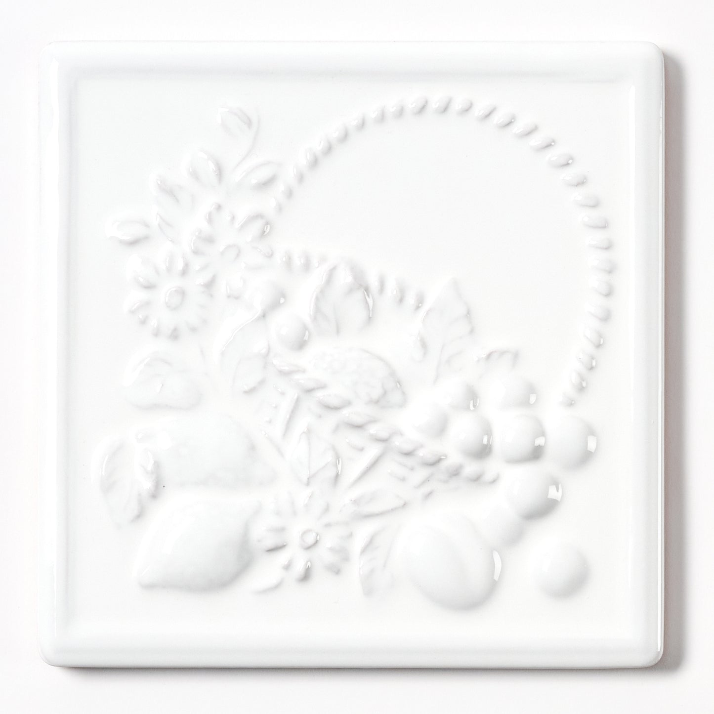 1980s Vintage Italian Raised White Fruit Basket Tile, 18 Sq Ft Available