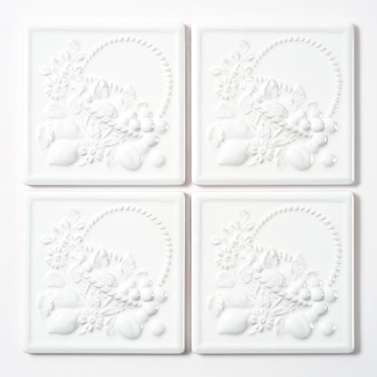 1980s Vintage Italian Raised White Fruit Basket Tile, 18 Sq Ft Available