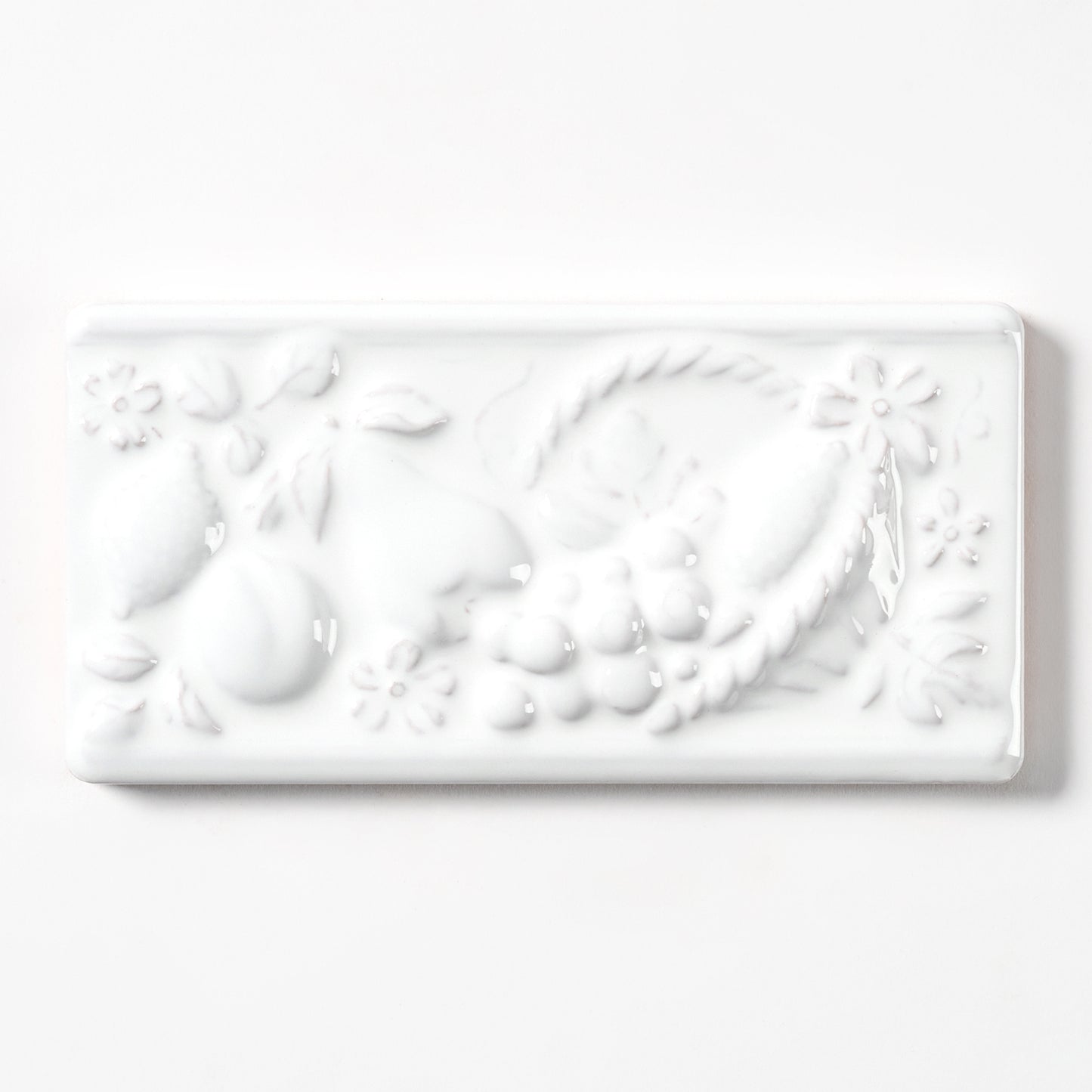 1980s Vintage Italian Raised White Fruit Basket Border Tile, 20 Linear Ft Available
