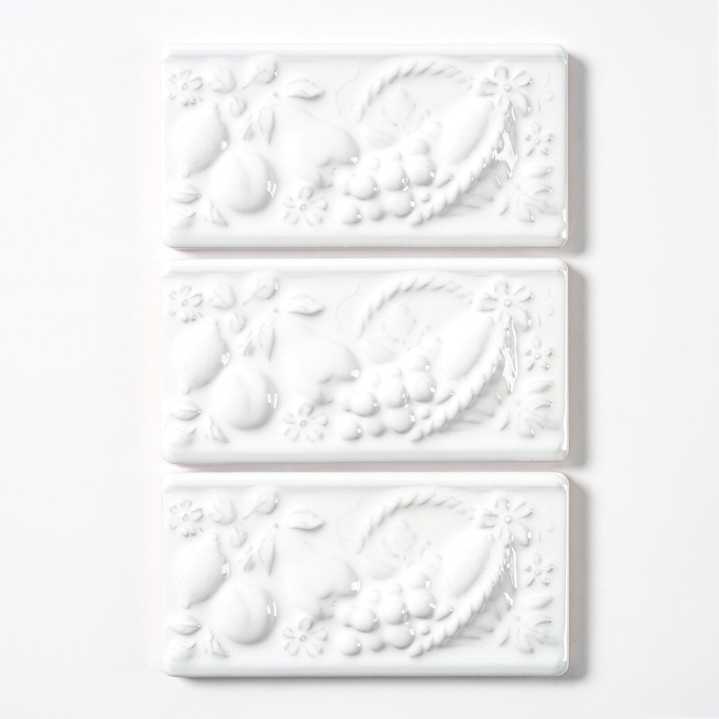 1980s Vintage Italian Raised White Fruit Basket Border Tile, 20 Linear Ft Available