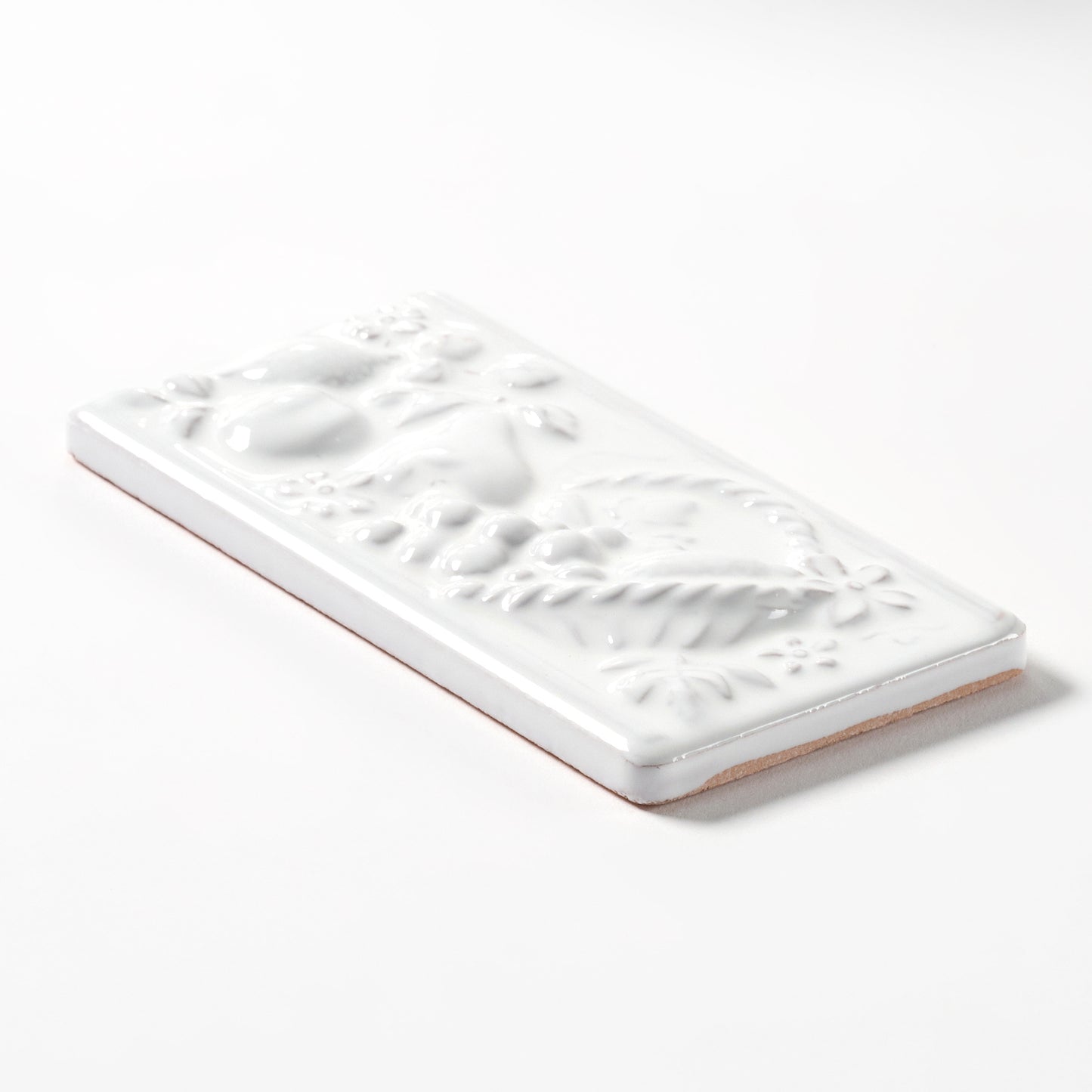 1980s Vintage Italian Raised White Fruit Basket Border Tile, 20 Linear Ft Available