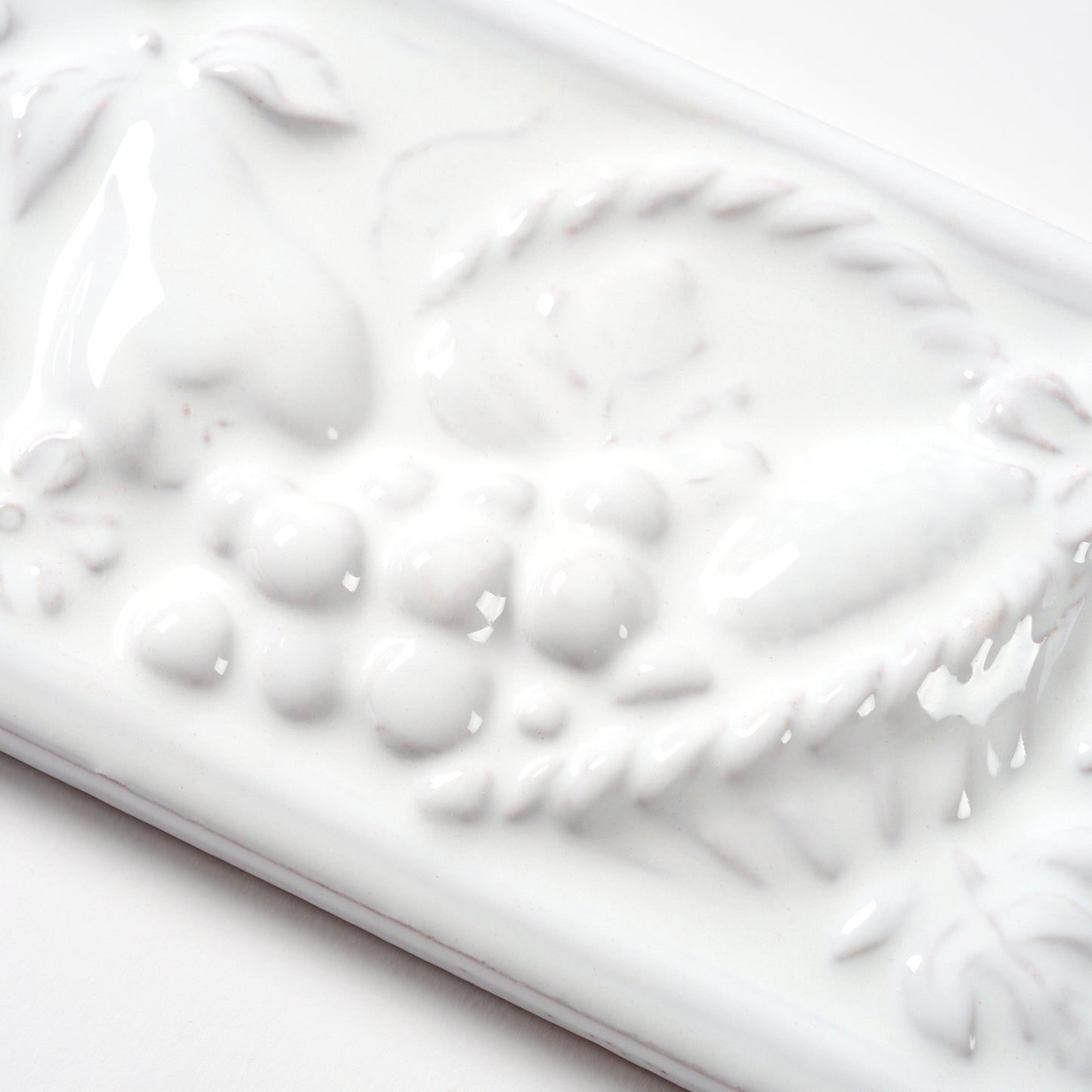 1980s Vintage Italian Raised White Fruit Basket Border Tile, 20 Linear Ft Available