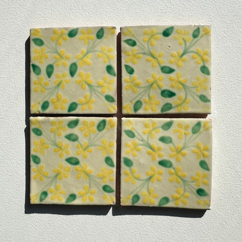 Vintage 1980s Hand Painted Mexican Yellow Floral Tiles, 6 Sq Ft Lot - 48 Piece Set