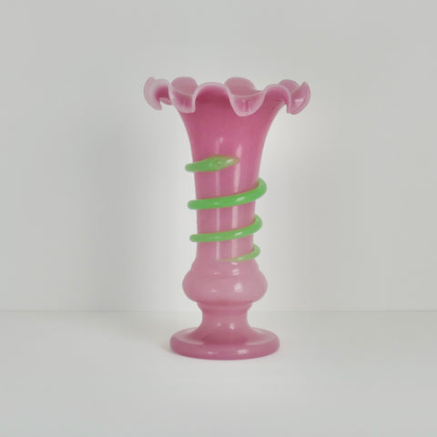 Mid 20th Century Large Venetian Pink & Green Opaque Ruffled Glass Vase Serpent or Snake Wrapped