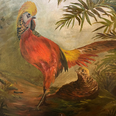 Large Antique Oil Painting of Two Pheasants