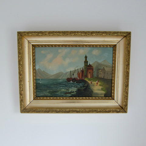 Mid 20th Century Folk Art Seascape Oil Painting, Framed