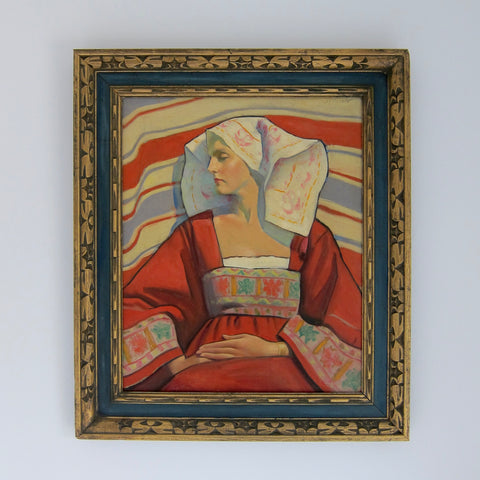 Early 20th Century Portrait Oil Painting of a Woman in Traditional Folk Dress, Framed