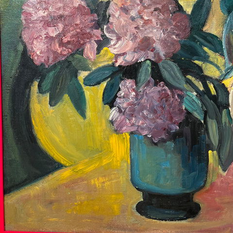 Vintage Expressionist Still Life of Hydrangeas in Blue Vase Oil Painting