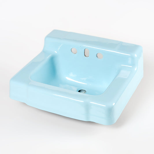 1960s Vintage Enameled Cast Iron Powder Blue 6" Centers Ledge Back Sink