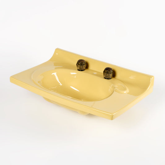 1970s Vintage Vitreous China Gold With Acrylic Handles 8" Centers Sink