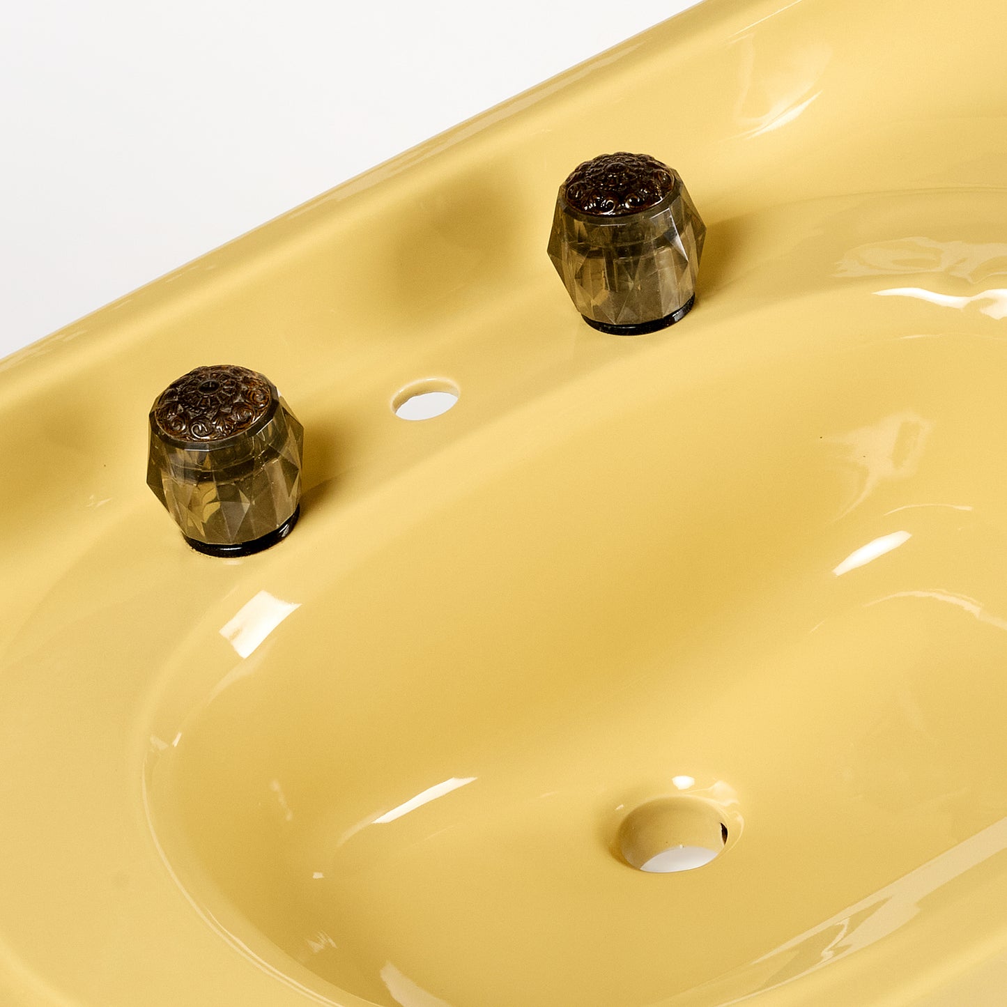 1970s Vintage Vitreous China Gold With Acrylic Handles 8" Centers Sink