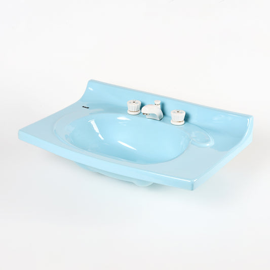 1970s Vintage Vitreous China Blue Sink With Attached Floral Fixtures 8" Centers Sink