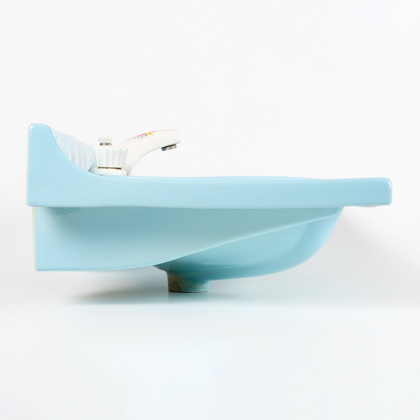 1970s Vintage Vitreous China Blue Sink With Attached Floral Fixtures 8" Centers Sink