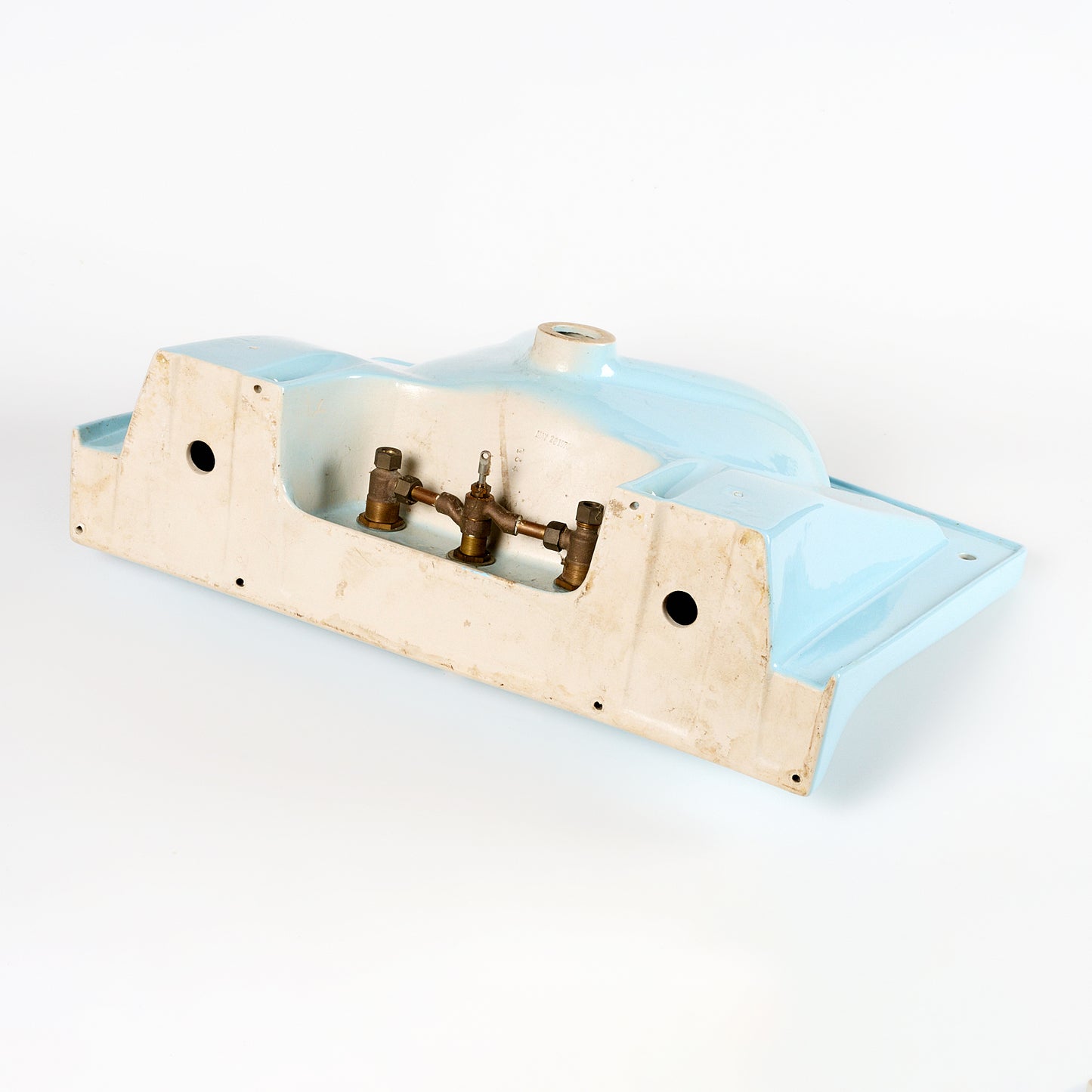 1970s Vintage Vitreous China Blue Sink With Attached Floral Fixtures 8" Centers Sink