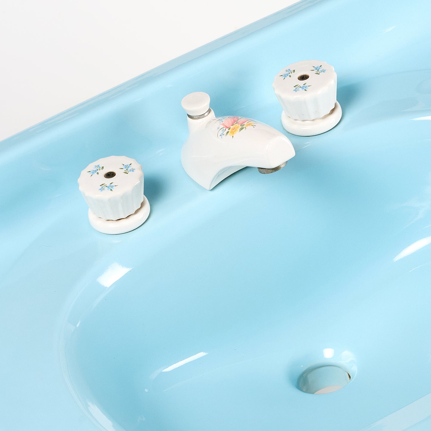 1970s Vintage Vitreous China Blue Sink With Attached Floral Fixtures 8" Centers Sink