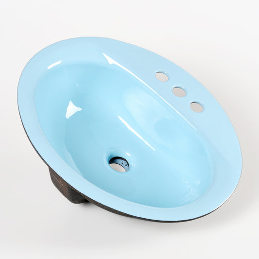 1970s Vintage Gerber Enameled Cast Iron Powder Blue 4" Centers Flat Rim Sink