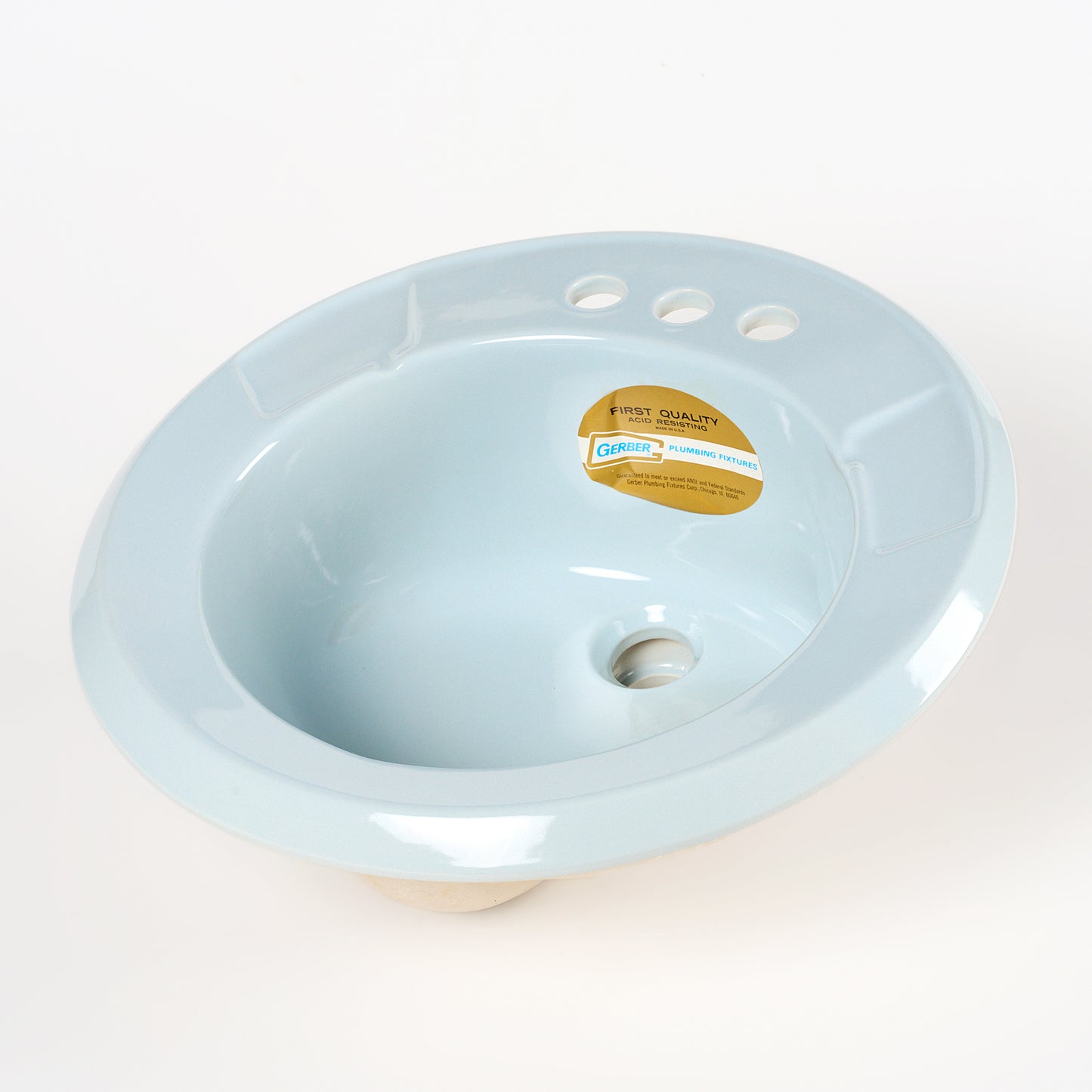 1980s Vintage Gerber Vitreous China Round #14 Blue 4" Centers Sink