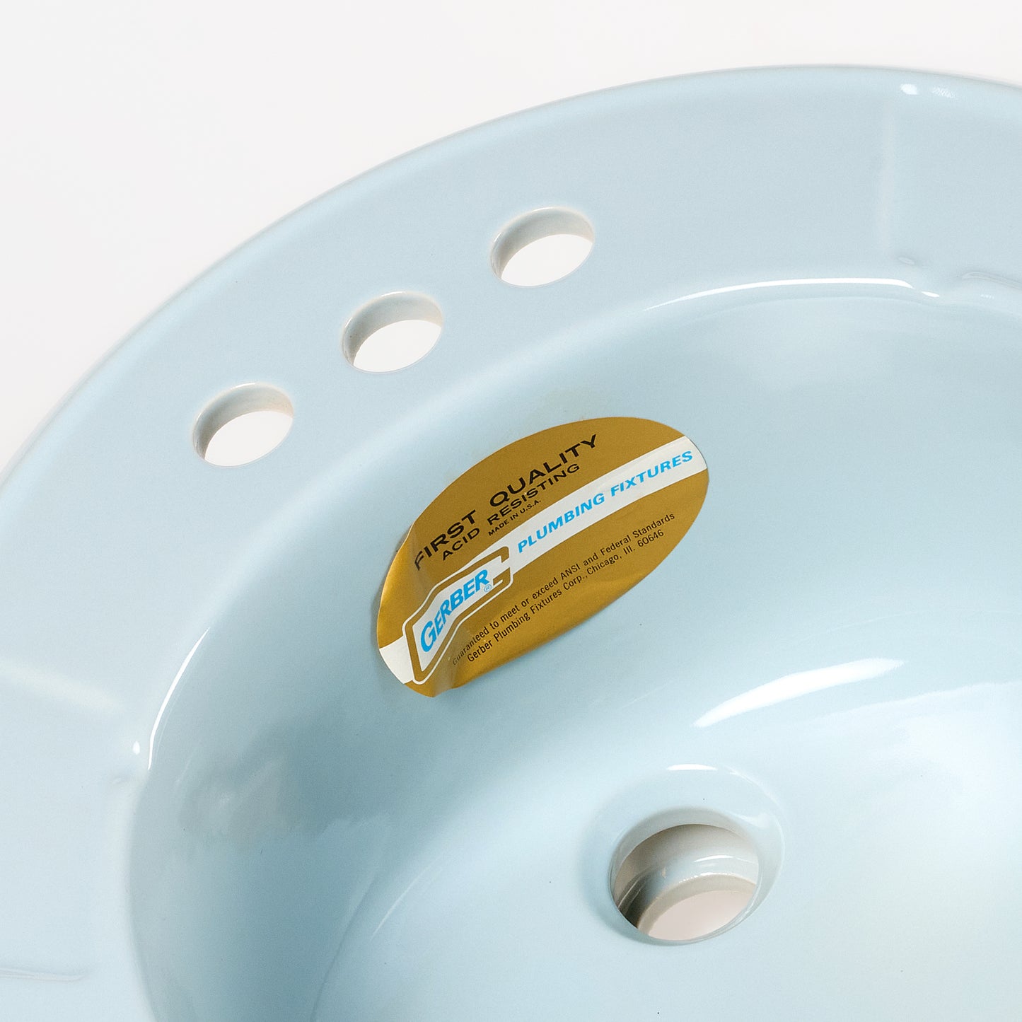 1980s Vintage Gerber Vitreous China Round #14 Blue 4" Centers Sink
