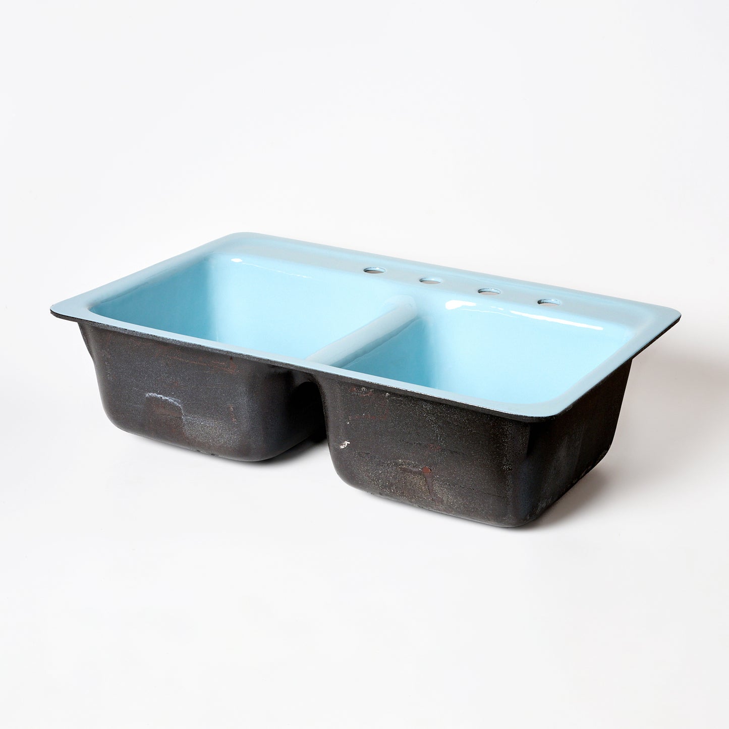 1960s Vintage U/R Enameled Cast Iron Blue 8" Centers Layton Ledge Sink
