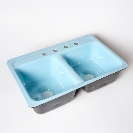 1960s Vintage U/R Enameled Cast Iron Blue 8" Centers Layton Ledge Sink