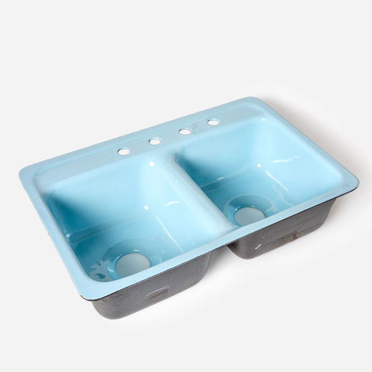 1960s Vintage U/R Enameled Cast Iron Blue 8" Centers Layton Ledge Sink