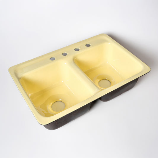 1960s Vintage U/R Enameled Cast Iron Yellow 8" Centers Layton Ledge Sink