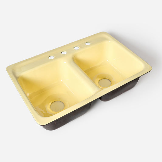 1960s Vintage U/R Enameled Cast Iron Yellow 8" Centers Layton Ledge Sink