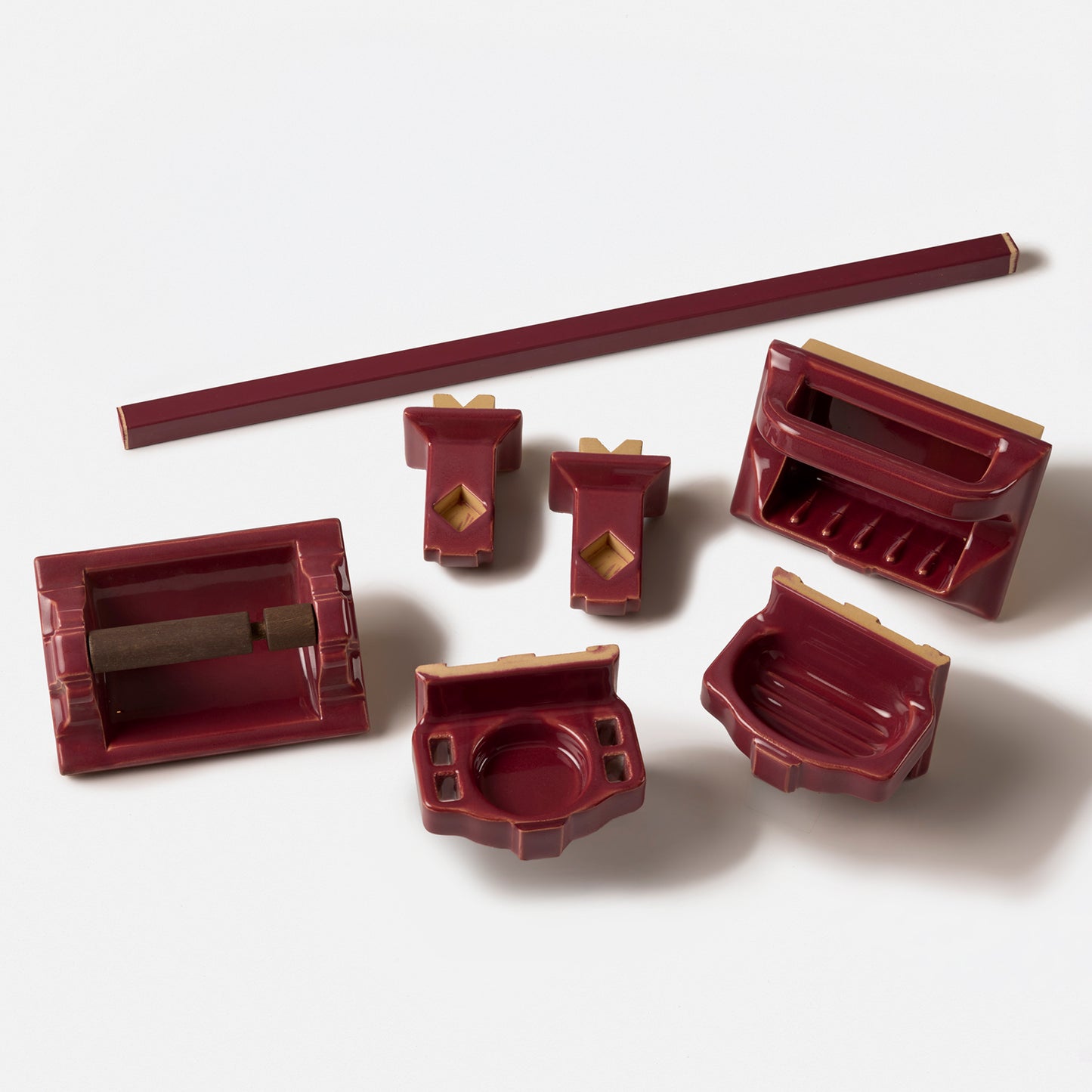 Classic 1940s 5 Piece Burgundy Bathroom Accessories Full Set