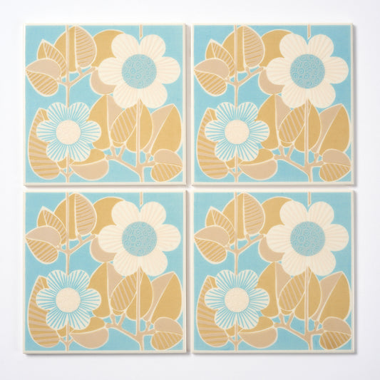 1970s Vintage Italian Blue Floral Wall Tile, 18 Sq Ft Lot - 72 Piece Set, 180 Sq Ft Available