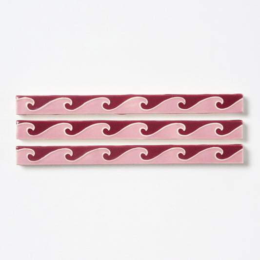 1920s American Encaustic Pink & Burgundy Wave Trim Tile, 44 Pc Set - 22 Linear Feet Total