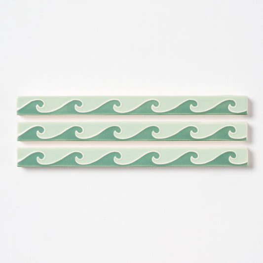 1920s American Encaustic Green Wave Trim Tile, 32 Pc Set - 16 Linear Feet Total