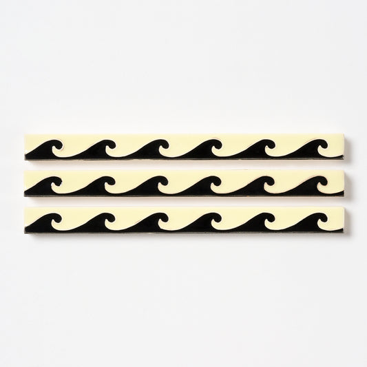 1920s American Encaustic Black & Yellow Wave Trim Tile, 36 Pc Set - 18 Linear Feet Total